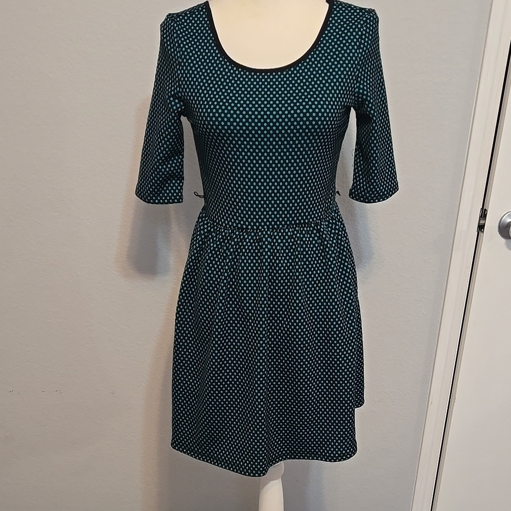 Jodi Kristopher Blue Mini A-line Dress with 3/4 Cuffed Sleeves and Scoop Neck